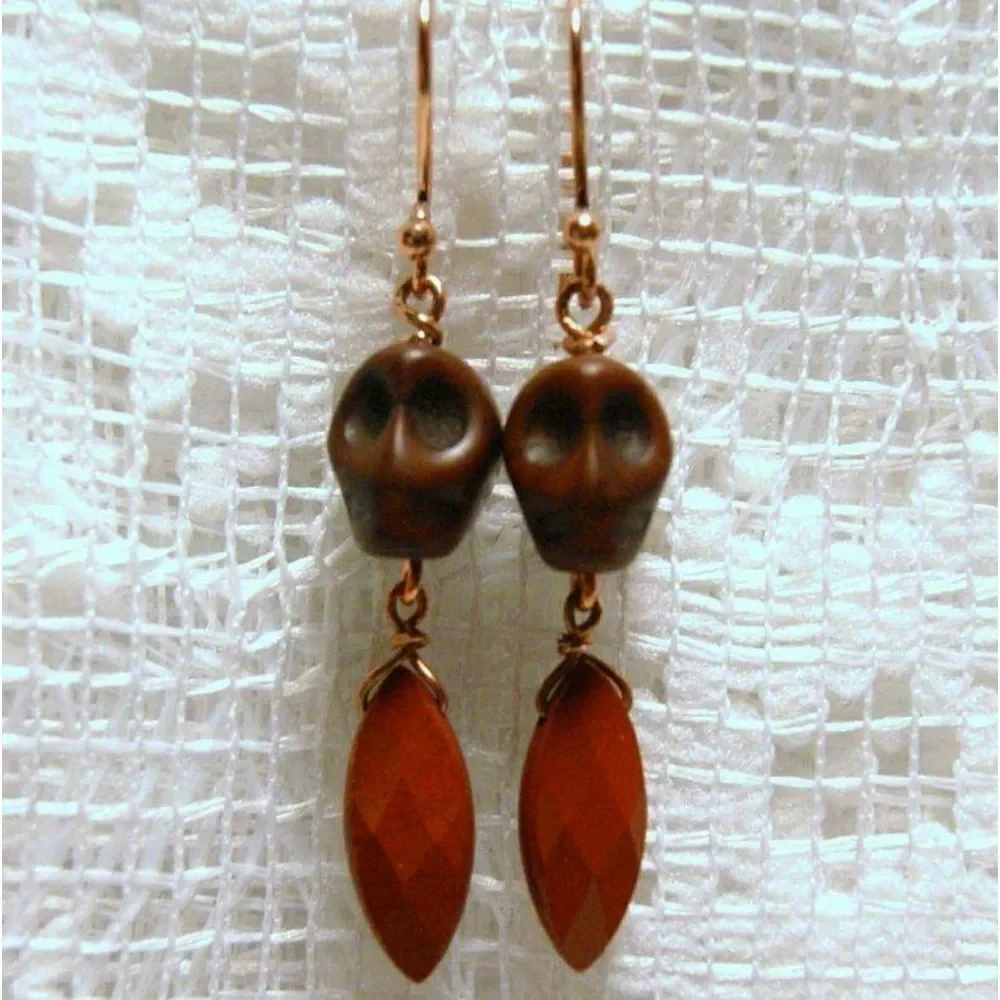 Handmade Brown Howlite Skulls & Faceted Jasper Gemstone Dangle Earrings
